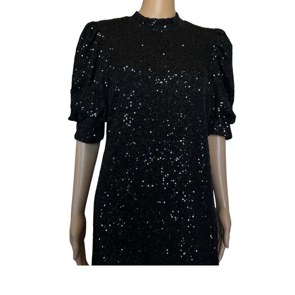 Joie Women's Sequin Puff Sleeve Back Zip Size Large Black Cocktail Evening Dress - Picture 6 of 11
